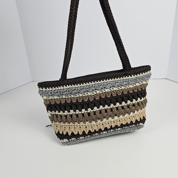 The Sak Crochet Shoulder Bag Brown Tan Gray Striped Tote Purse Tassel Boho - Picture 3 of 7